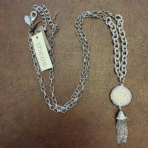 Chico’s Reversible Lara Tassel Long Silver Necklace